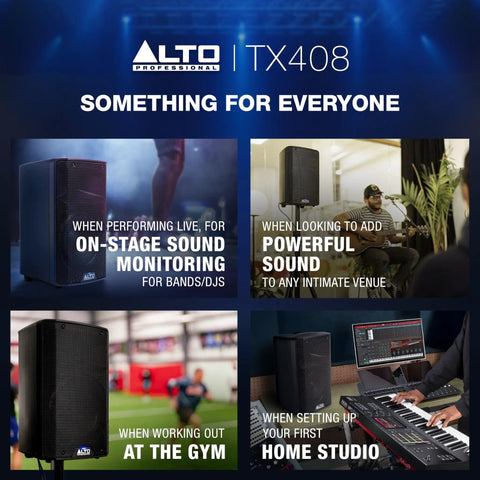8-inch powered PA speakers in various setups for live performances, intimate venues, gym use, and home studios.