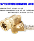 Close-up of brass 1/4-inch pressure washer quick-connect pivoting coupler for hose or wand connection