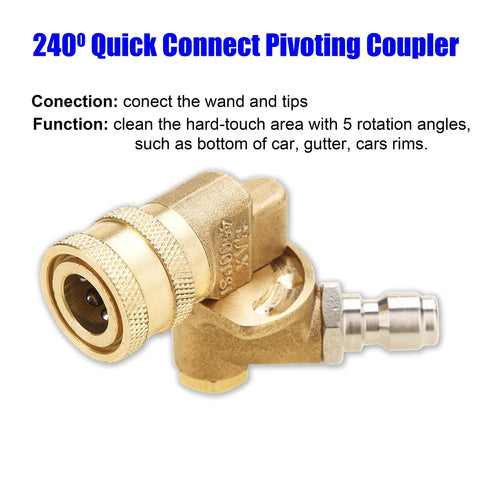 Close-up of brass 1/4-inch pressure washer quick-connect pivoting coupler for hose or wand connection