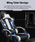 Ergonomic Gaming Chair With Massage Lumbar Support And Footrest, Wing Side Design, Black and White