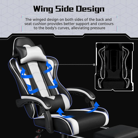 Ergonomic Gaming Chair With Massage Lumbar Support And Footrest, Wing Side Design, Black and White