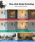 Motion Activated Outdoor Wall Lantern With Dusk To Dawn Sensor In Black Aluminum Anti Rust Finish showing one-click mode switching chart