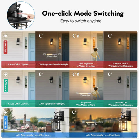 Motion Activated Outdoor Wall Lantern With Dusk To Dawn Sensor In Black Aluminum Anti Rust Finish showing one-click mode switching chart