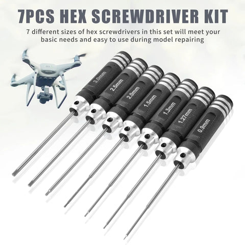 Pro Grade 7 Piece Precision RC Hex Screwdriver Set With 0.9mm Through 3.0mm Micro Allen Wrenches in a row with visible size labels.