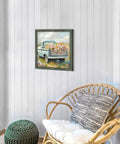 Truck Wall Art Framed 12 Inch By 12 Inch Vintage Blue Pickup Wood Painting Rustic Barn Landscape With Cozy Country Flowers For Bedroom And Living Room Decor displayed on wall.