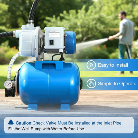 1.5HP Shallow Well Pump With Pressure Tank And 1340 GPH Jet Pump For Home Garden Irrigation, blue finish in use outdoors