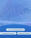 Close-up of blue SMS fabric with water droplets, showcasing waterproof and breathable features of 10 Pack Disposable Lab Jackets Large For Men And Women Blue With Knit Cuffs And Collar, Three Pockets, SMS Fluid Resistant Medical Attire, Breathable And Latex Free, Waterproof And Flexible For Everyday Lab Work.