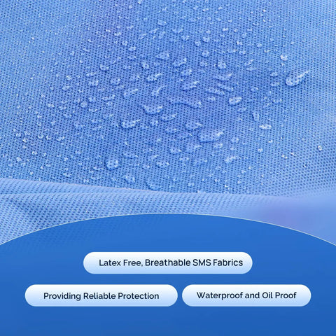 Close-up of blue SMS fabric with water droplets, showcasing waterproof and breathable features of 10 Pack Disposable Lab Jackets Large For Men And Women Blue With Knit Cuffs And Collar, Three Pockets, SMS Fluid Resistant Medical Attire, Breathable And Latex Free, Waterproof And Flexible For Everyday Lab Work.