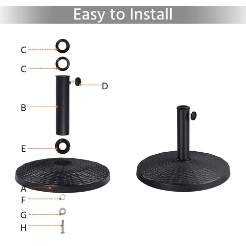 Installation diagram of Beefed Up Heavy Duty Outdoor Umbrella Base 22 lbs 18 inch round patio stand, parts labeled for easy assembly.
