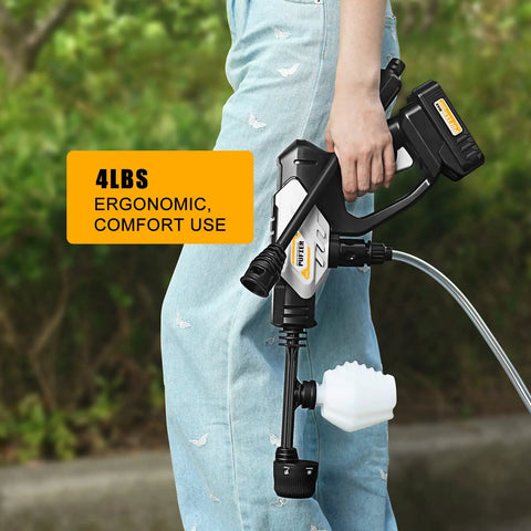 Person holding Cordless Pressure Washer 320 PSI Up To 435 PSI 0.67 GPM Ultra Lightweight Power Cleaner with ergonomic grip.