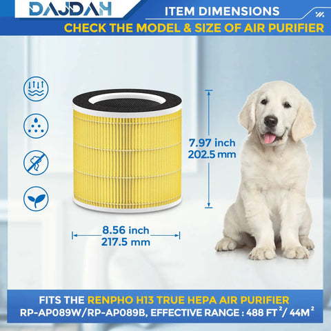 Pet Allergy Replacement Filter For Air Purifier RP-AP089 Series With H13 True HEPA And Activated Carbon next to a dog, dimensions shown