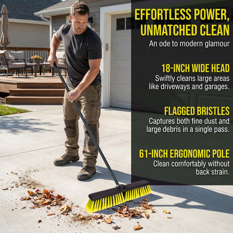 Heavy Duty 18 Inch Push Broom With Adjustable Metal Handle And Stiff Flagged Bristles Engineered To Knock Out Messes Fast on driveway.