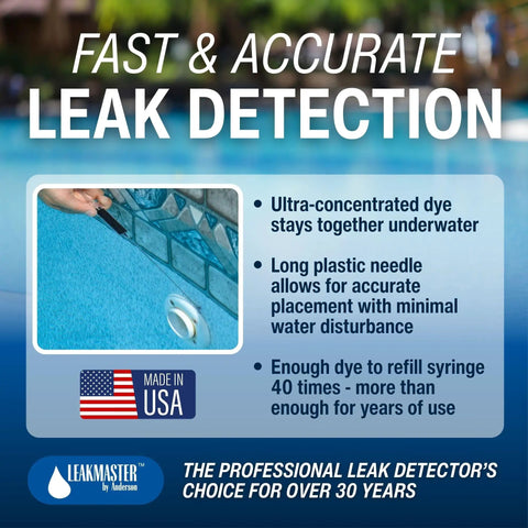 Pool Leak Detector Kit With 8 Oz Blue Dye And Reusable Syringe, features on accurate leak detection and concentrated dye.