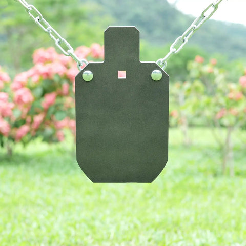 Rifle Ready AR500 Steel Targets Silhouette Gong For Outdoor Precision Shooting Practice, mounted on a chain.