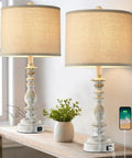 Farmhouse Table Lamps Set Of 2 With 3 Way Dimming, Vintage Bedside Lamps In White Finish With USB A And C Ports, table