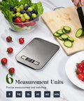 All In One 11 Pound Digital Kitchen Scale with Six Unit Modes G Kg Lb Oz Ml Milk Ml and Tare Function, Stainless Steel Design