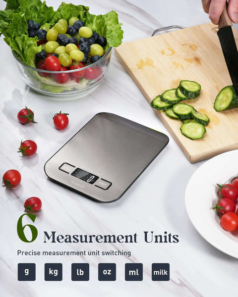 All In One 11 Pound Digital Kitchen Scale with Six Unit Modes G Kg Lb Oz Ml Milk Ml and Tare Function, Stainless Steel Design