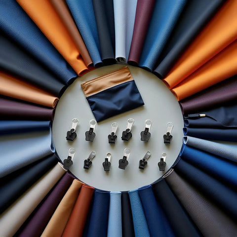 Universal Zipper Repair Kit With 12 Black Replacement Sliders for jackets, jeans, bags arranged in a circle with colorful fabrics.