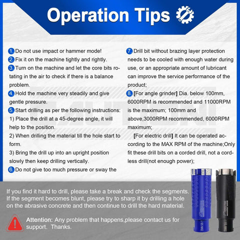 Two blue and black diamond wet core drill bits with 1/4-inch shanks shown beside an operation tips poster.