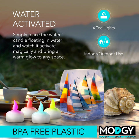 Color Changing Lumizu Water Activated LED Floating Candles Four Pack For Poolside Tables And Outdoor Ambiance Lit Multi Color Glow Battery Powered Flicker Without A Wick displayed outdoors