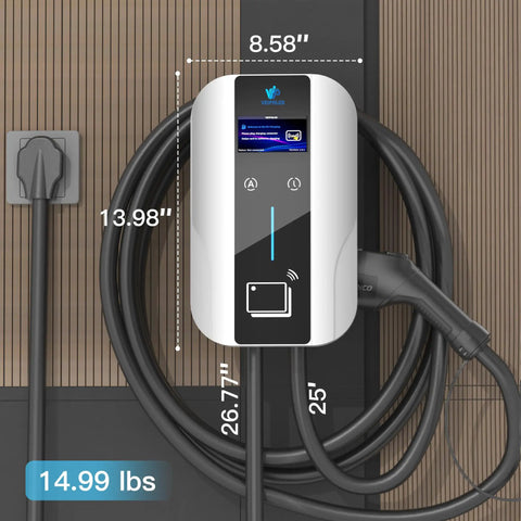 Wall-mounted 40 Amp Level 2 EV Charger With J1772 Plug And RFID Or Plug And Play Mode, 4.3 Inch LCD, 25 Foot Cable.