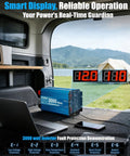 3000 Watt Pure Sine Wave Inverter with LCD display in RV setting, showcasing wireless remote control and USB port