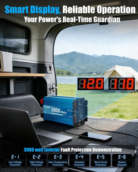 3000 Watt Pure Sine Wave Inverter with LCD display in RV setting, showcasing wireless remote control and USB port