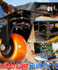 2 Inch Swivel Caster Wheels Set Of 4 Featuring Dual Lock Brakes with orange wheels mounted on a trolley for easy indoor mobility.