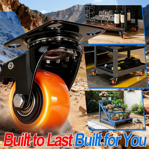 2 Inch Swivel Caster Wheels Set Of 4 Featuring Dual Lock Brakes with orange wheels mounted on a trolley for easy indoor mobility.