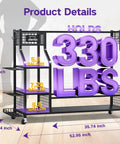 Product details showing 37-inch tall steel golf bag storage organizer on wheels, holding 330 lbs, with dimensions labeled.