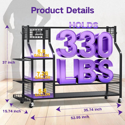 Product details showing 37-inch tall steel golf bag storage organizer on wheels, holding 330 lbs, with dimensions labeled.