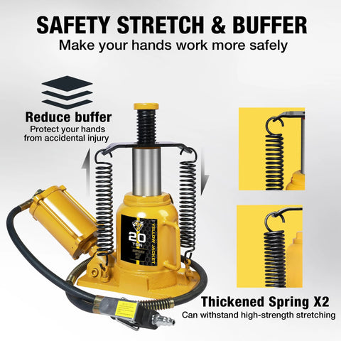 Front view of yellow 20-ton air bottle jack with aluminum pump and thick coil springs