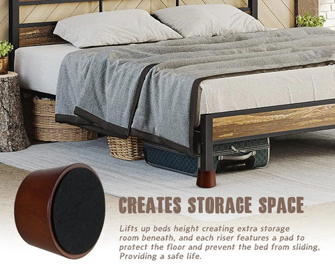 Premium Solid Wood Bed Risers Set Of 4 elevating bed for added storage, showcasing sturdy design and natural wood finish.