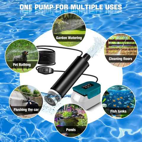 Plug And Go Submersible Water Pump Built For Makita 18V Batteries 635 GPH Heavy Duty Automatic Transfer Pump for garden watering and pet bathing.