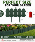 Green Garden Border Edging Kit For DIY Yards shown with size comparison and installed in a flower bed, 8 flexible panels, 10 ft total.