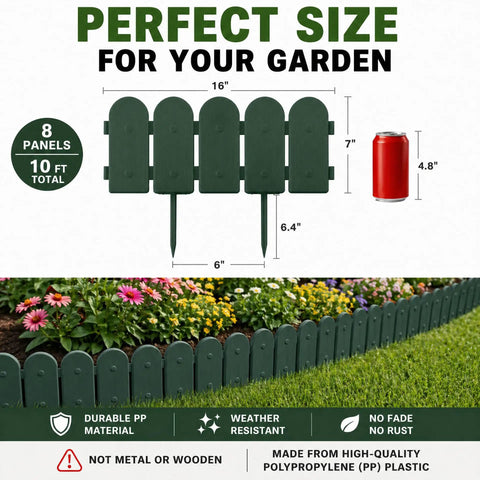 Green Garden Border Edging Kit For DIY Yards shown with size comparison and installed in a flower bed, 8 flexible panels, 10 ft total.