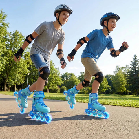 Two children skating in Adjustable Kids Inline Skates With Light Up Wheels For Boys And Girls Ages 5 To 14 4 Size Range in park.