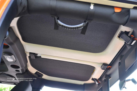 Boom Mat black sound-deadening headliner panels for 4‑door Jeep Wrangler JL; peel-and-stick thermal insulation.