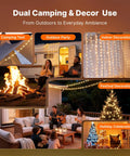 Solar Camping String Lights With Built In 5400mAh Power Bank USB Charger For Phone Outdoors Indoor 50 Ft Of Fairy Tent Lights 11 Modes Portable LED Lamp used for camping, outdoor party, indoor decor, festival, holiday celebration.