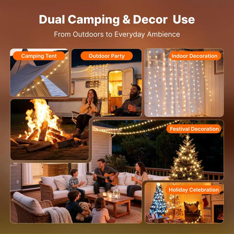 Solar Camping String Lights With Built In 5400mAh Power Bank USB Charger For Phone Outdoors Indoor 50 Ft Of Fairy Tent Lights 11 Modes Portable LED Lamp used for camping, outdoor party, indoor decor, festival, holiday celebration.