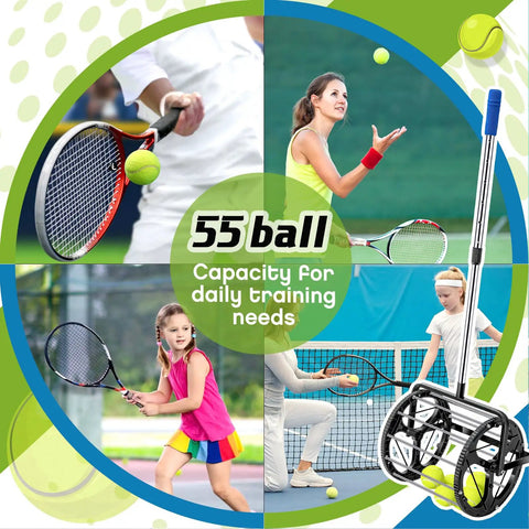 No Bending Over Tennis Ball DinkBall Roller Picker For 1.5 To 3 Inch Balls Quick Rolling Ball Retriever With Large Capacity Up To 55 Tennis Balls Adjustable Golf Ball Retriever For Courts Gyms And Training Rooms displayed with players and equipment