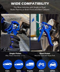 Speedy Brake Caliper Compression Tool for quick pad replacements shown on single and dual piston calipers, blue heavy-duty tool in use.