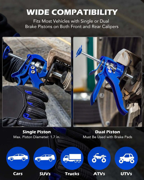 Speedy Brake Caliper Compression Tool for quick pad replacements shown on single and dual piston calipers, blue heavy-duty tool in use.
