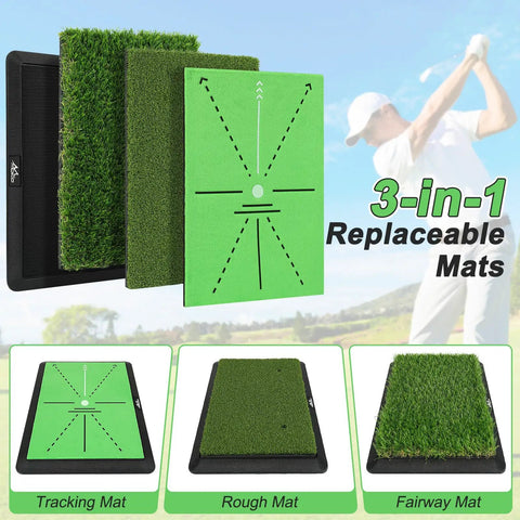 Three In One Golf Practice Mat with Swing Path Feedback, Switch Between Fairway, Rough And Putting Pads On A Non Slip Rubber Base