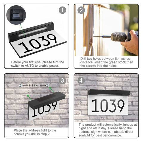 Solar Powered Outdoor Address Sign With Waterproof LED Illumination 6000K Daylight White House Numbers Plaque installation steps