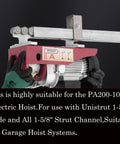Six-Wheel Hoist Trolley For PA200-1000 Electric Hoist on Unistrut, showing assembly and compatibility with 1-5/8" wide channels