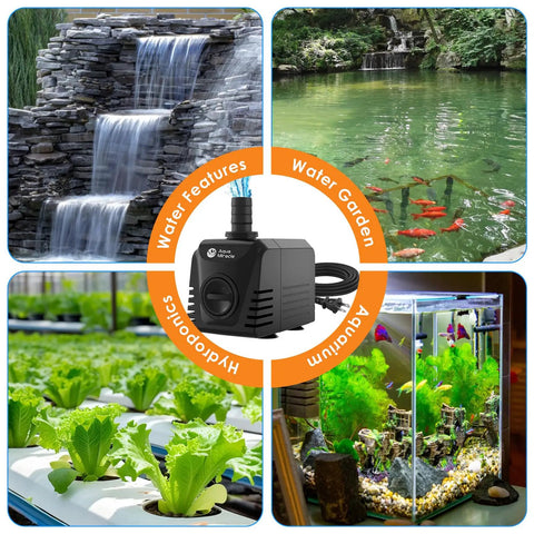 Submersible Water Pump for Aquarium and Pond, Adjustable Flow Control, 400 GPH, 25W, in use with fountains and aquariums