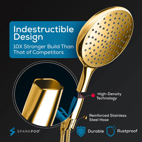 High Pressure Handheld Shower Head With Hose, 6 Inch Rainfall Spray, Egyptian Gold Finish, showing detailed nozzle design