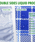 Close-up of double-sided navy blue picnic table cover showing waterproof design with easy-to-clean surface for liquids.