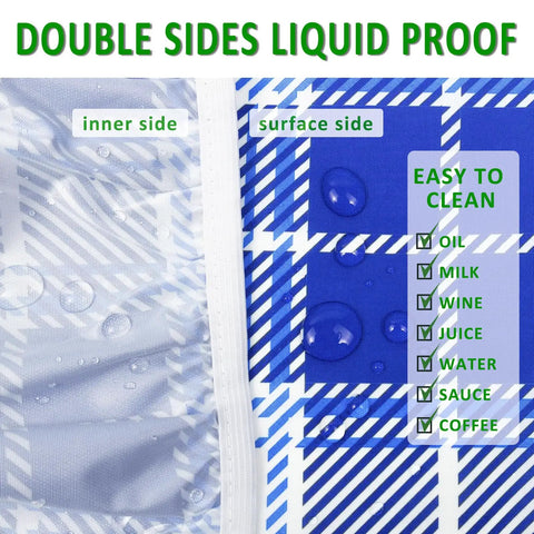 Close-up of double-sided navy blue picnic table cover showing waterproof design with easy-to-clean surface for liquids.